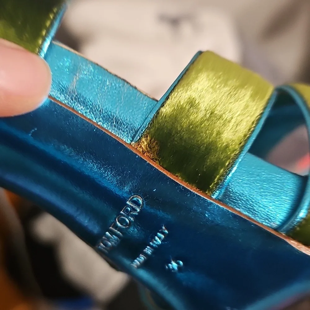 Tom Ford Teal and Lime Green Satin Strappy High Heel Sandals - Picture 11 of 13